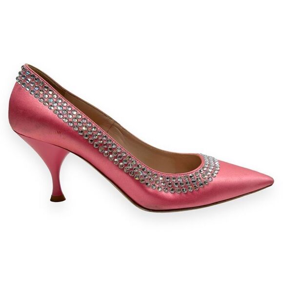Miu Miu Calzature Donna Crystal Embellished Satin Heels Pumps Rose Pink SZ 36.5 - Picture 5 of 12